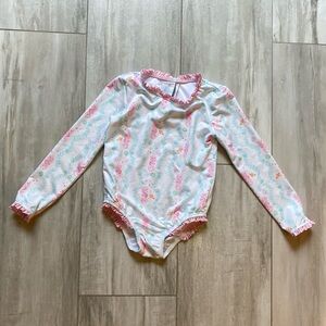 James & Lottie long Sleeve White Swimsuit with Seahorses and Ruffles, size 5